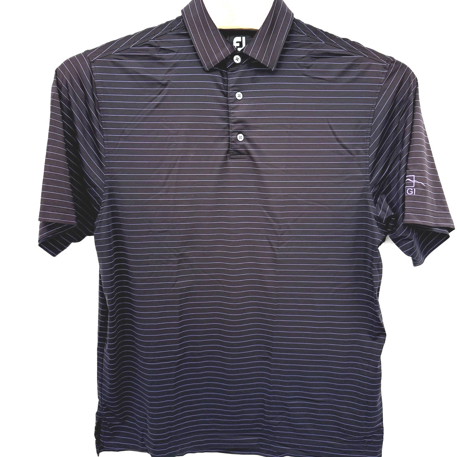 Footjoy Polo Shirt Men L Black Purple Pinstripe Mgi Logo Golf Performance